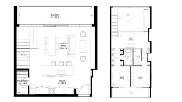 Duplex floor plan, 2 bedrooms in IL TEATRO No. 11007 (2D)