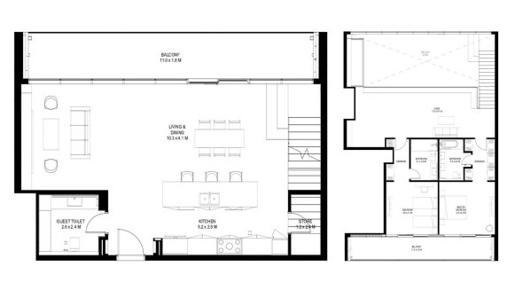 Duplex floor plan, 2 bedrooms in IL TEATRO No. 11006 (2D)